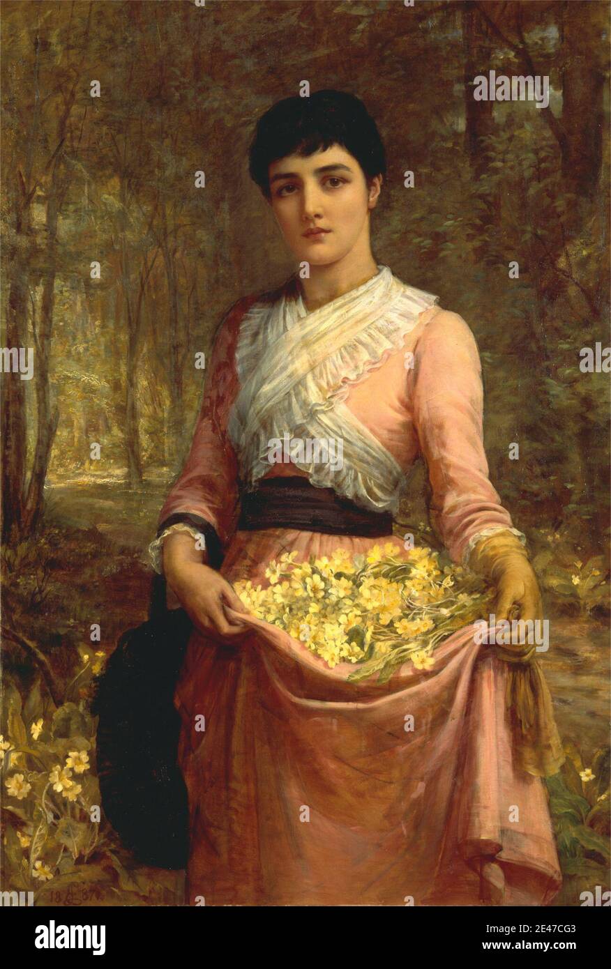 Edwin Long, 1829–1891, British, The Daughters of Our Empire. England: The Primrose, 1887. Oil on canvas.   costume , English primrose , female , flowers (plants) , forest , gloves , portrait , Pre-Raphaelite , romantic , ruffles , skirts (garments) , trees , Victorian , woman. Churchill [née Jerome], Jeanette [Jennie; Lady Randolph Churchill] (1854–1921), mother of Winston Leonard Spencer Churchill (1874–1965) Stock Photo