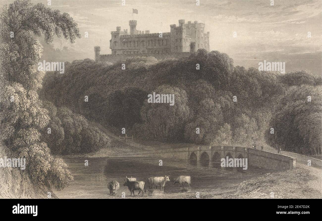 M. J. Starling, active 1830, Belvoir Castle, Rutland, 1835. Line engraving and etching on moderately thick, slightly textured, cream wove paper with cream chine collé.   architectural subject , bridge (built work) , castle , cattle , country house , cows , figures , flag , hills , landscape , mansion , path , river , road , trees , walking. Belvoir , Belvoir Castle , England , Leicestershire , Rutland , United Kingdom Stock Photo