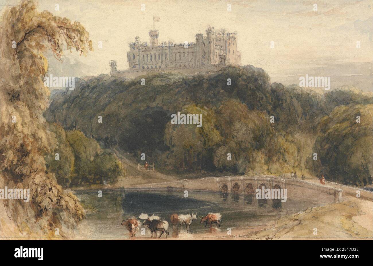 William Daniell, 1769–1837, British, Belvoir Castle, Rutland, undated. Watercolor and graphite, with scraping on moderately thick, slightly textured, cream wove paper.   architectural subject , bridge (built work) , castle , cattle , country house , cows , figures , flag , hills , landscape , mansion , path , river , road , trees , walking. Belvoir , Belvoir Castle , England , Leicestershire , Rutland , United Kingdom Stock Photo