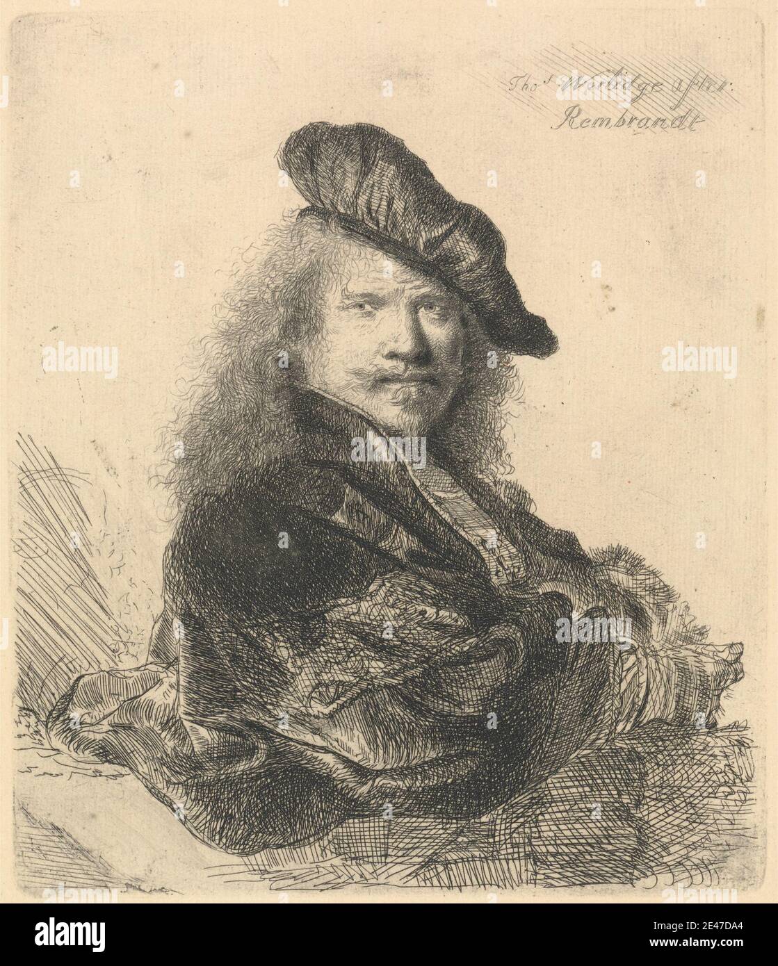 Print made by Thomas Worlidge, 1700–1766, British, Copy of Rembrandt Self-Portrait, ca. 1757. Etching on laid paper.   portrait. Rembrandt van Rijn (1606-1669), Dutch painter, draftsman, and printmaker Stock Photo