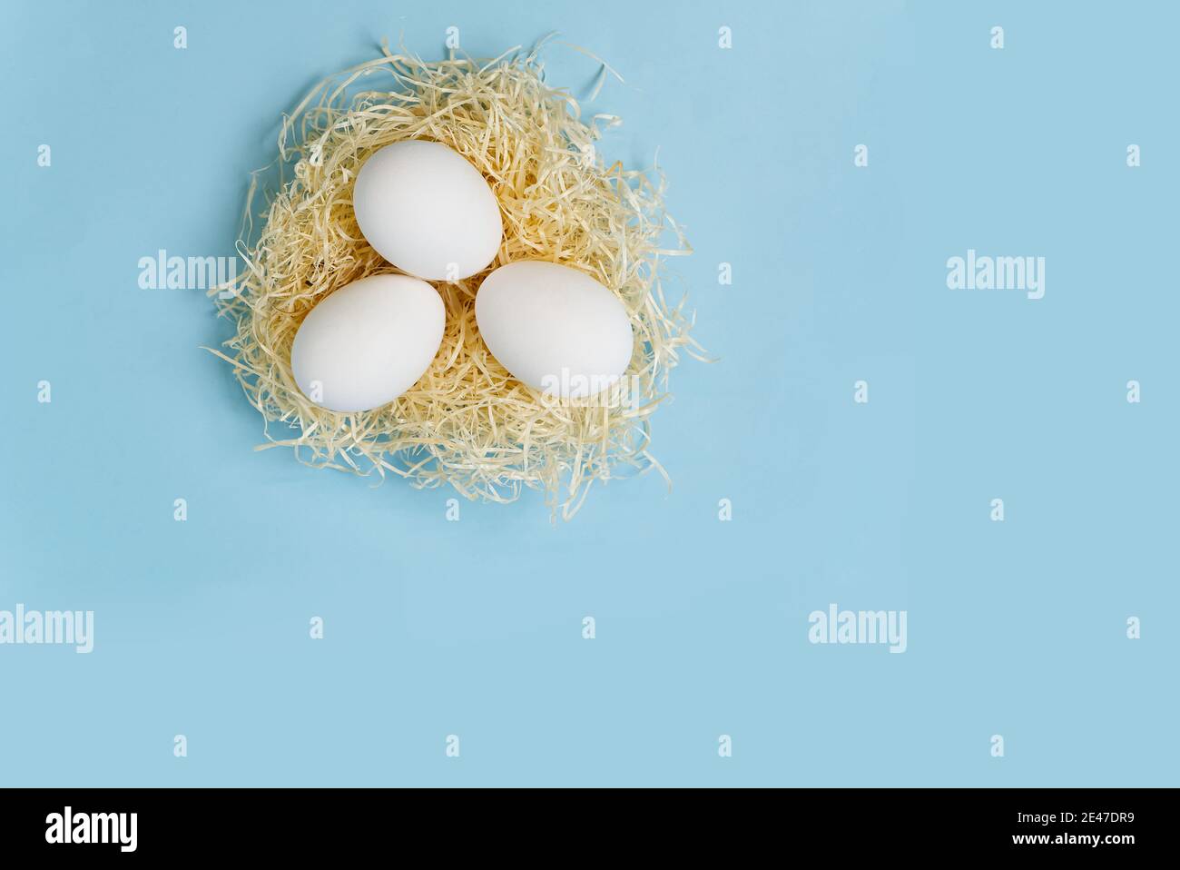 Easter background with eggs in nest on blue background Stock Photo - Alamy