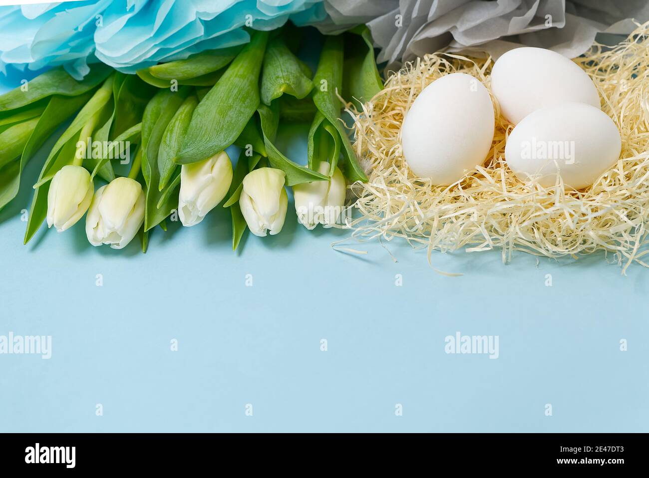Easter background with eggs in nest and white tulips Stock Photo - Alamy