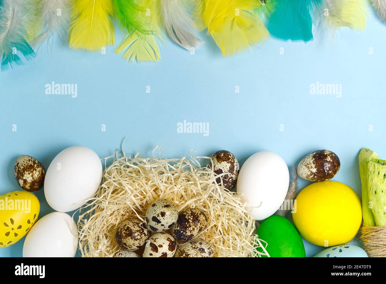 Easter colorful background with eggs in nest on blue background Stock ...