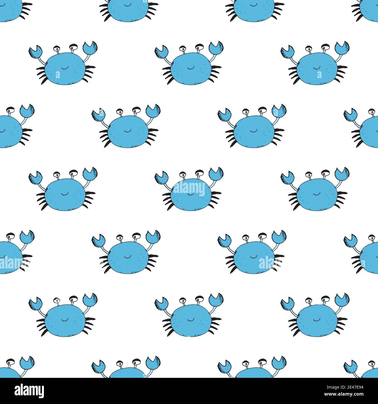 Cute Crab Seamless Pattern, Cartoon Hand Drawn Animal Doodles Vector ...