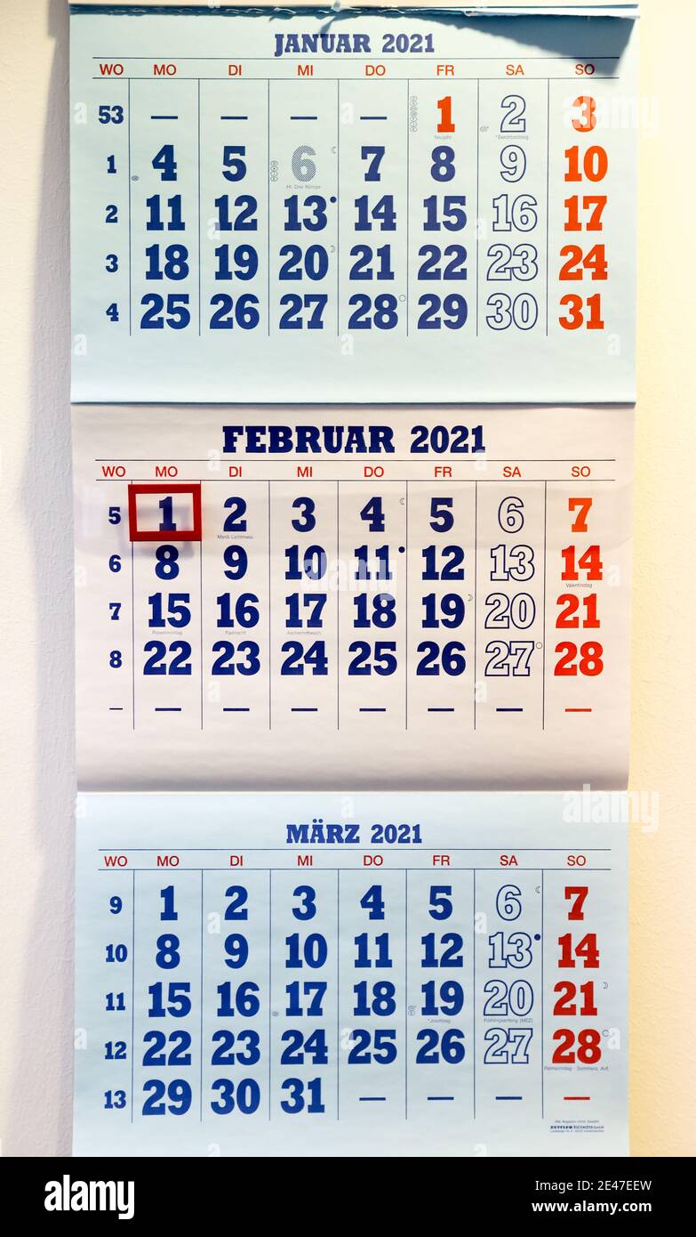 Leipzig, Germany. 11th Jan, 2021. A calendar with the pages of January,  February and March 2021 hangs in an office. Not a day too many, not a day  too few: in 2021,