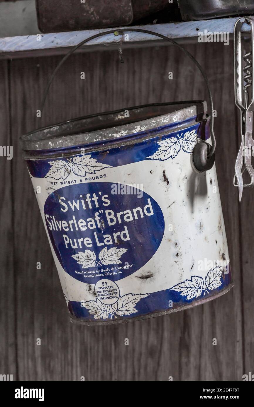 Lard can in kitchen of the Riddle Brothers Ranch on Steens Mountain is preserved as an early example of settlement in eastern Oregon, USA Stock Photo