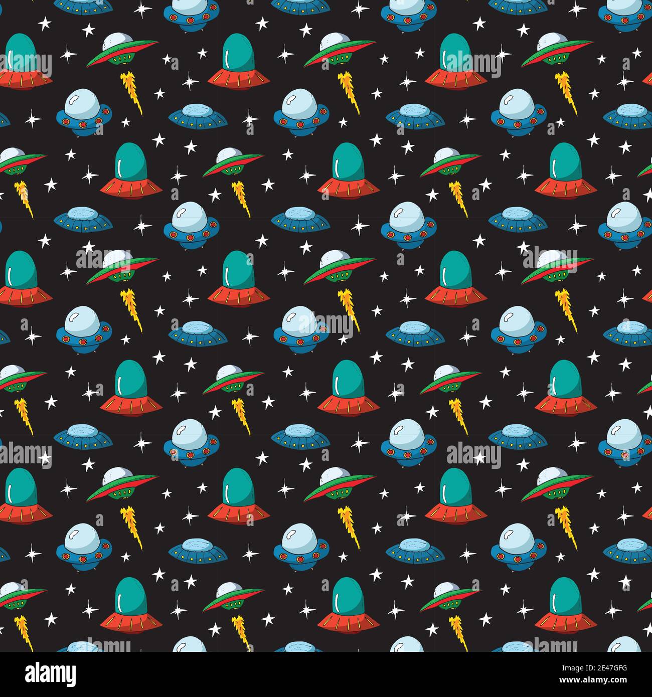 Ufo and aliens Seamless pattern. Cute Doodles space ships sketch. Hand ...