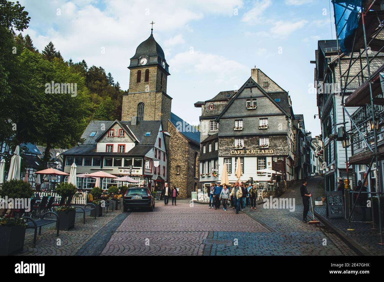 MONSCHAU, GERMANY - MAI 22 2019: Small picturesque town in the Eifel region in Noth Rhine-Westphalia. It is famous for its half-timbered houses and co Stock Photo