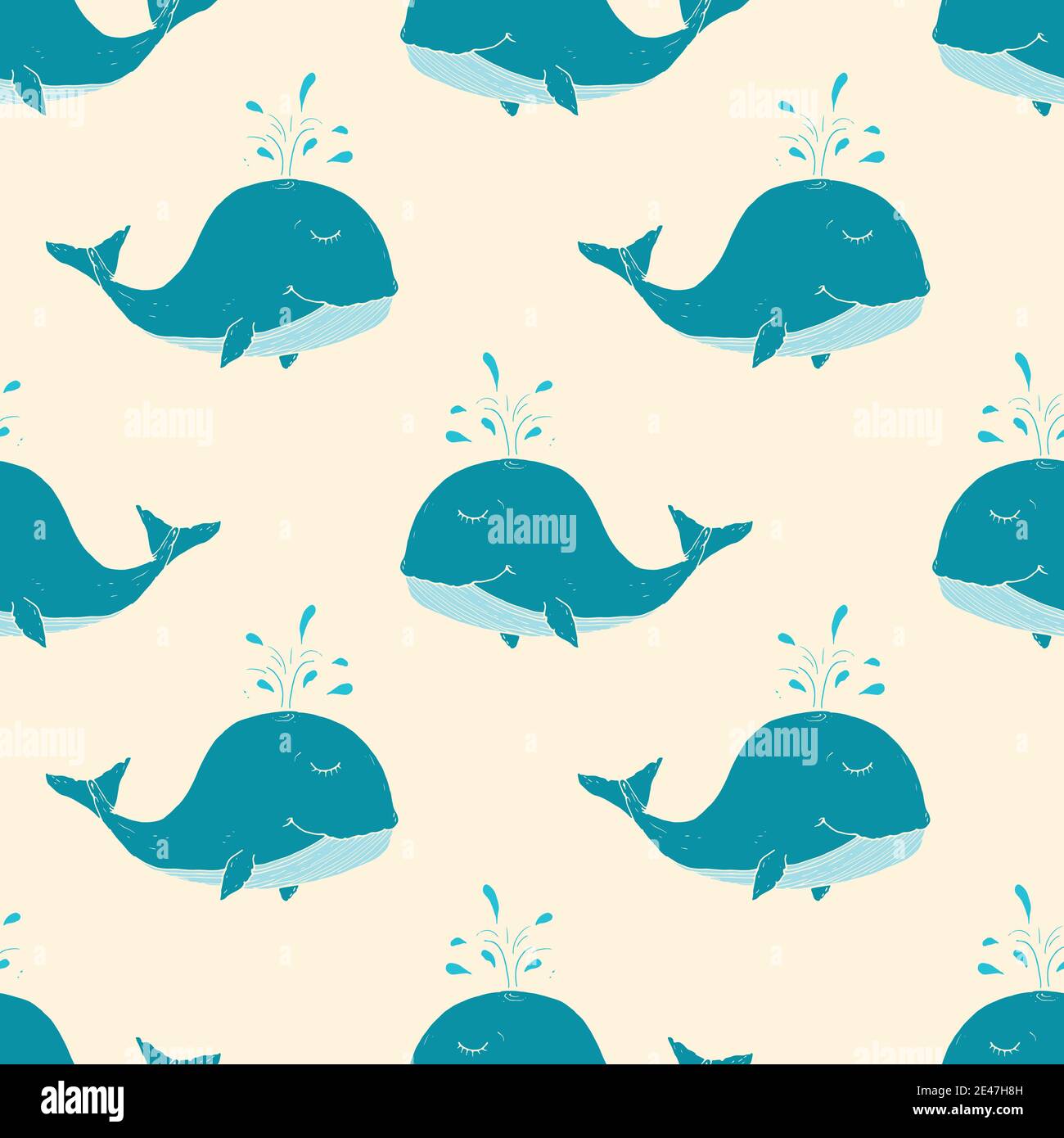 Cute Whale Seamless Pattern Cartoon Hand Drawn Animal Doodles Vector Illustration Background. Stock Vector