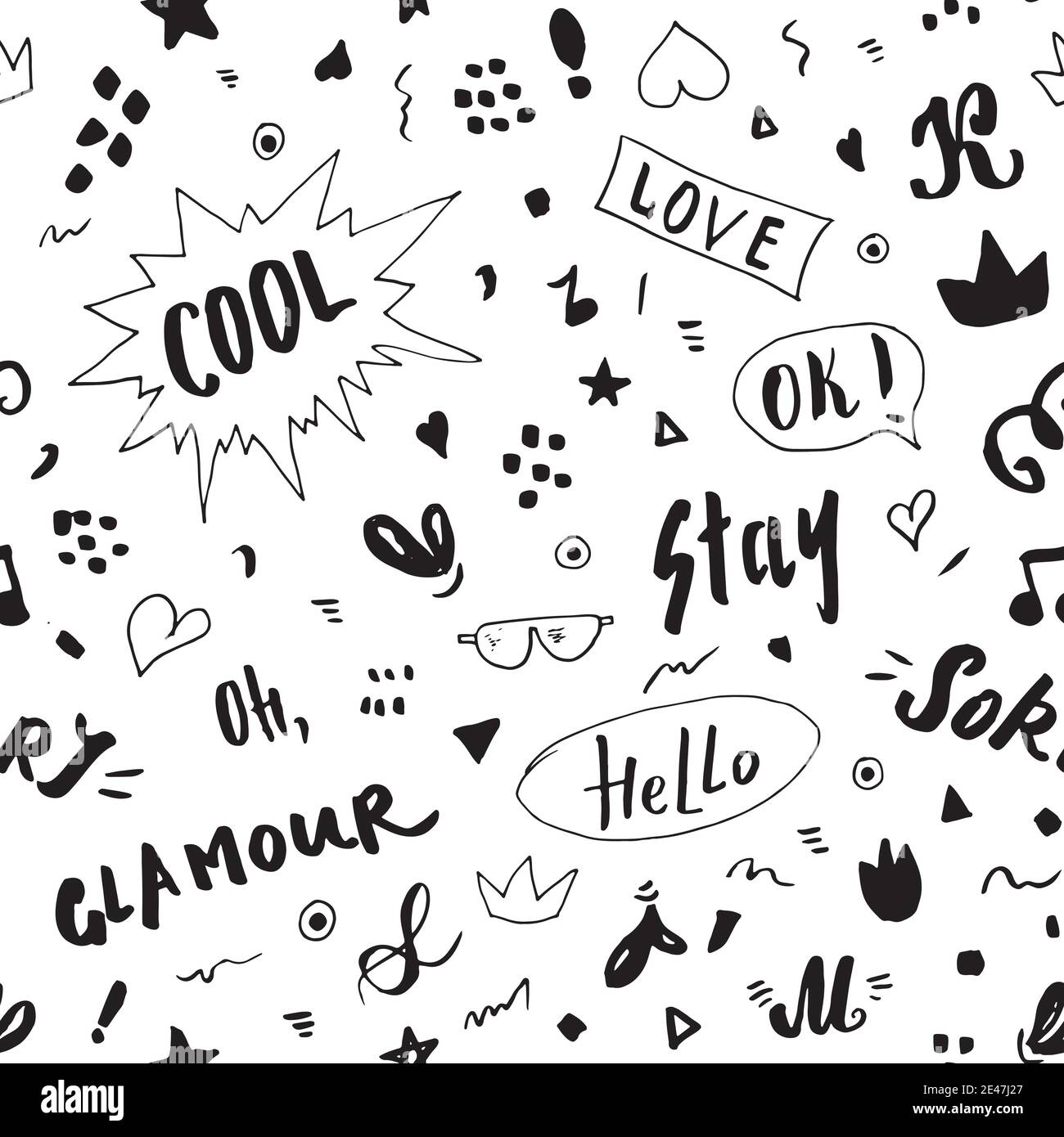 Doodle Seamless Pattern, hand drawn pop art signs and symbols