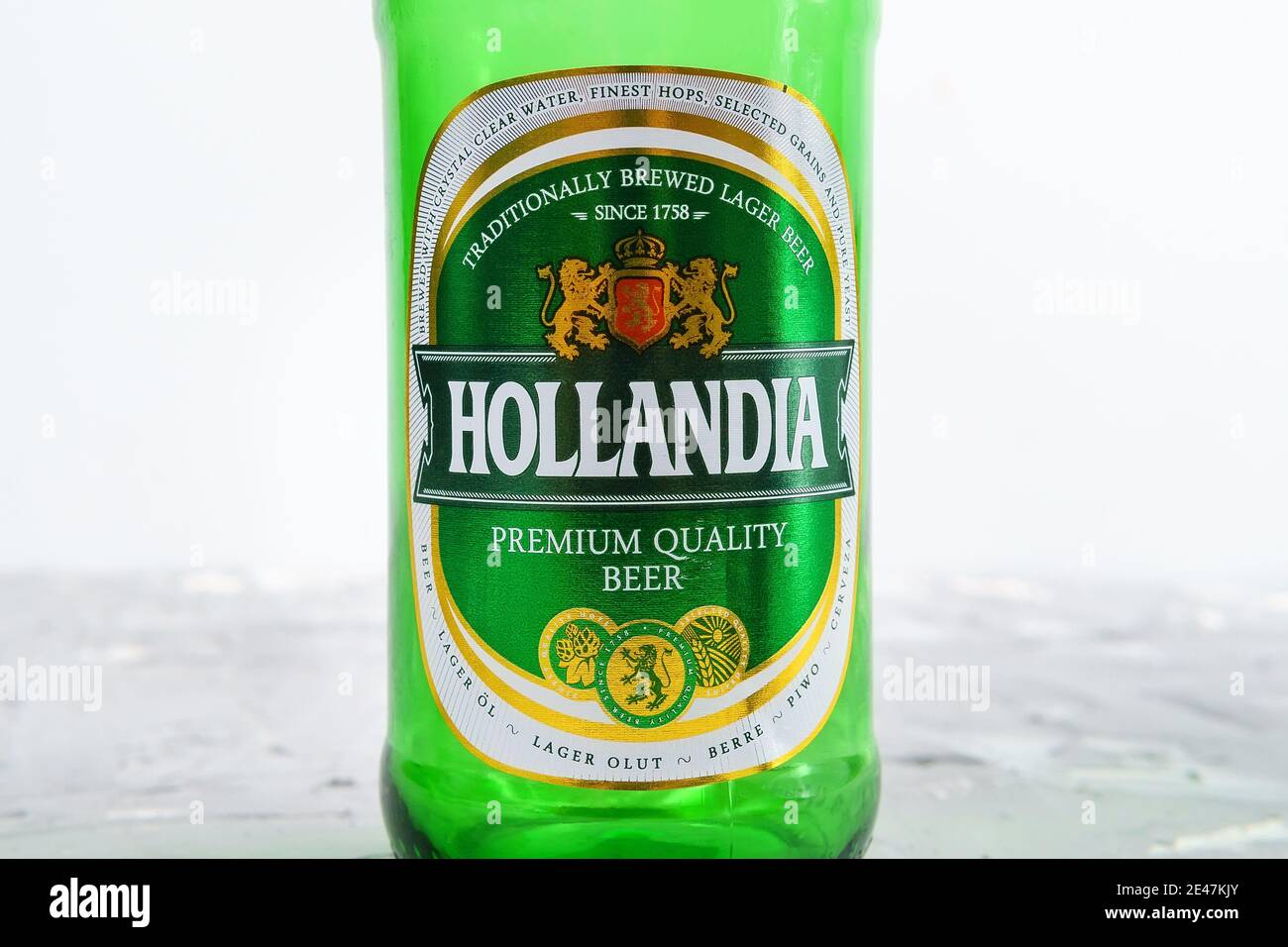 Tyumen, Russia-January 20, 2021: Dutch beer, Hollandia botles in store. Brewed in Holland, since 1758 Stock Photo