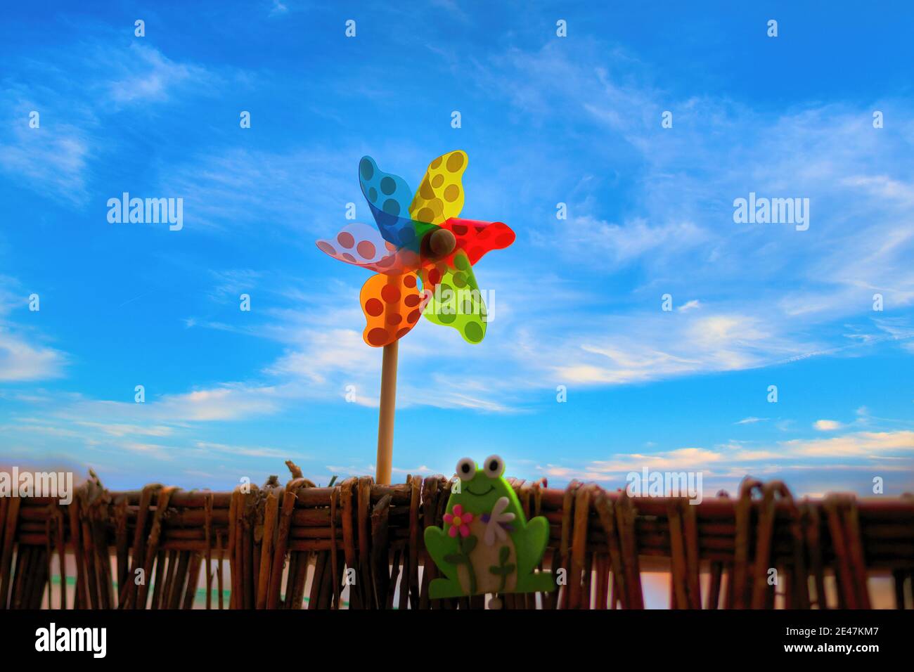 View of colorful windmill and decorative frog toy against a cloudy blue sky Stock Photo