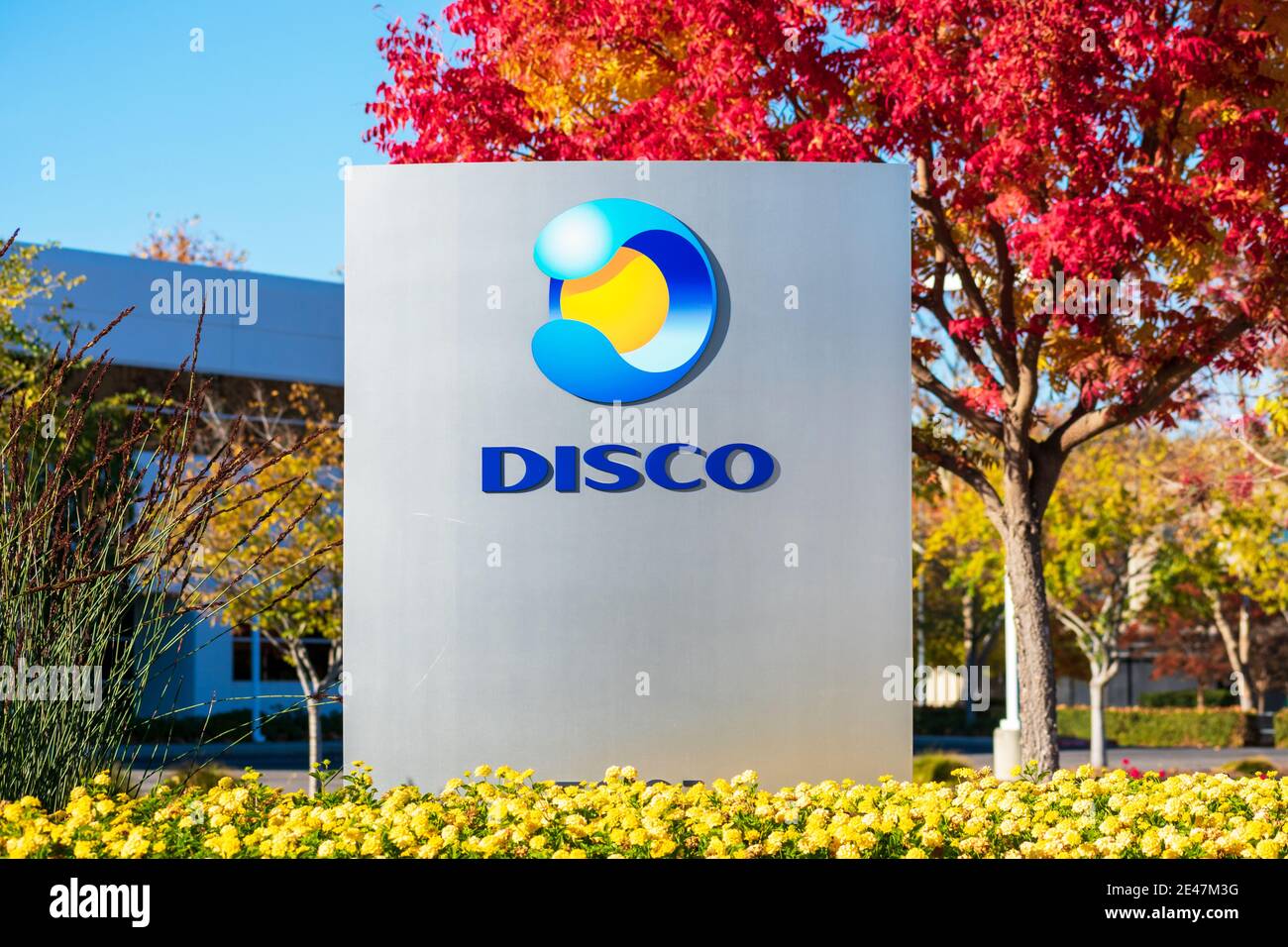 Disco sign, logo. Disco Hi-Tec America, Inc. manufactures precision cutting, grinding, and polishing machines - San Jose, California, USA - 2020 Stock Photo