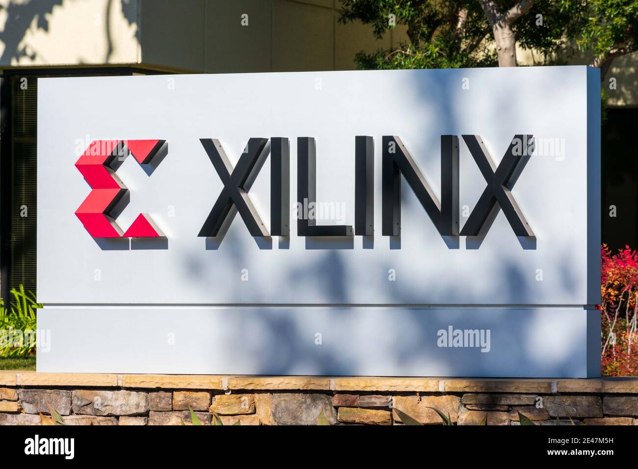 Xilinx sign, logo at headquarters. Xilinx is semiconductor ...