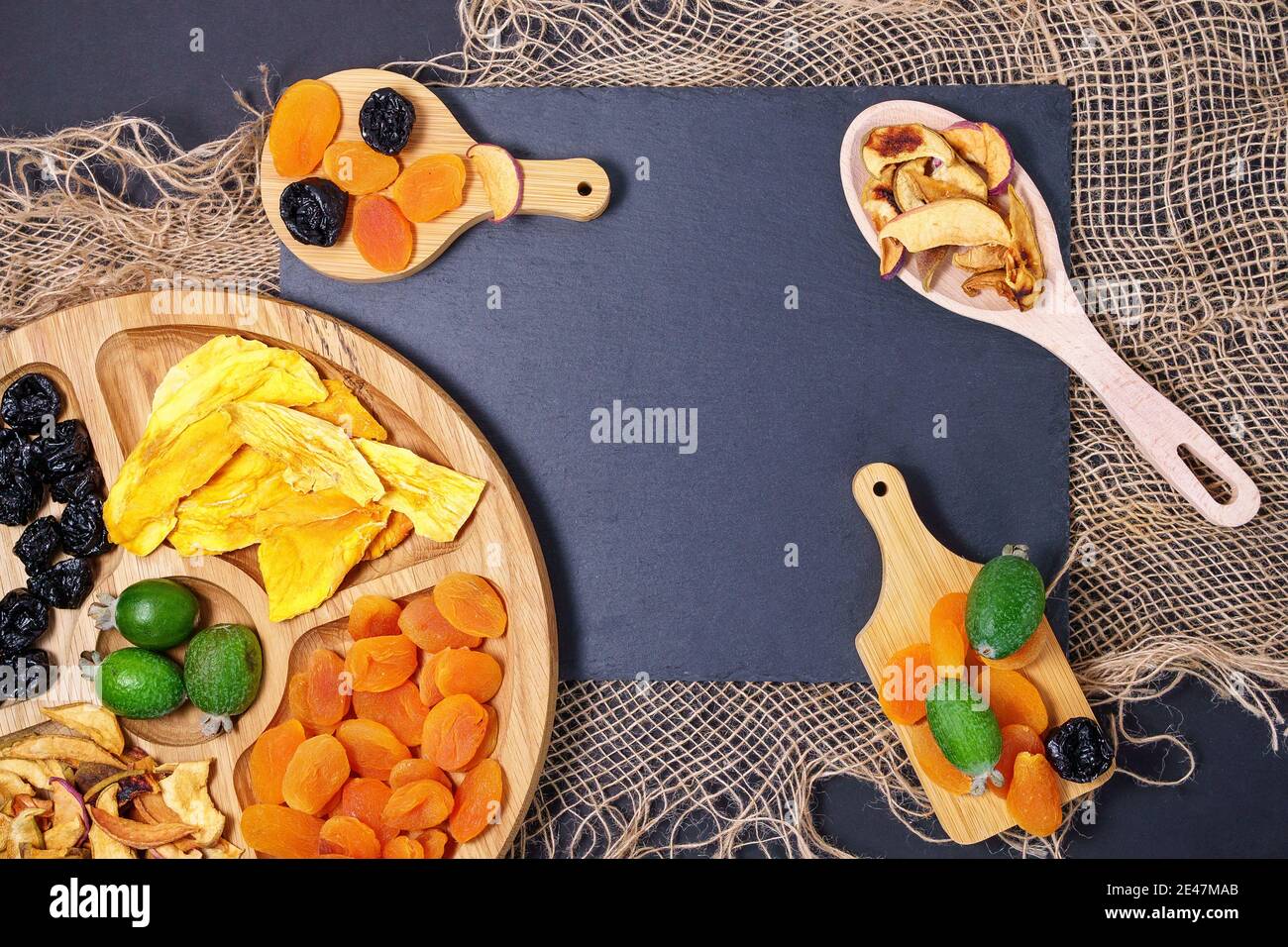 Dried fruit snacks. dried apples, mango, feijoa, dried apricots, prunes