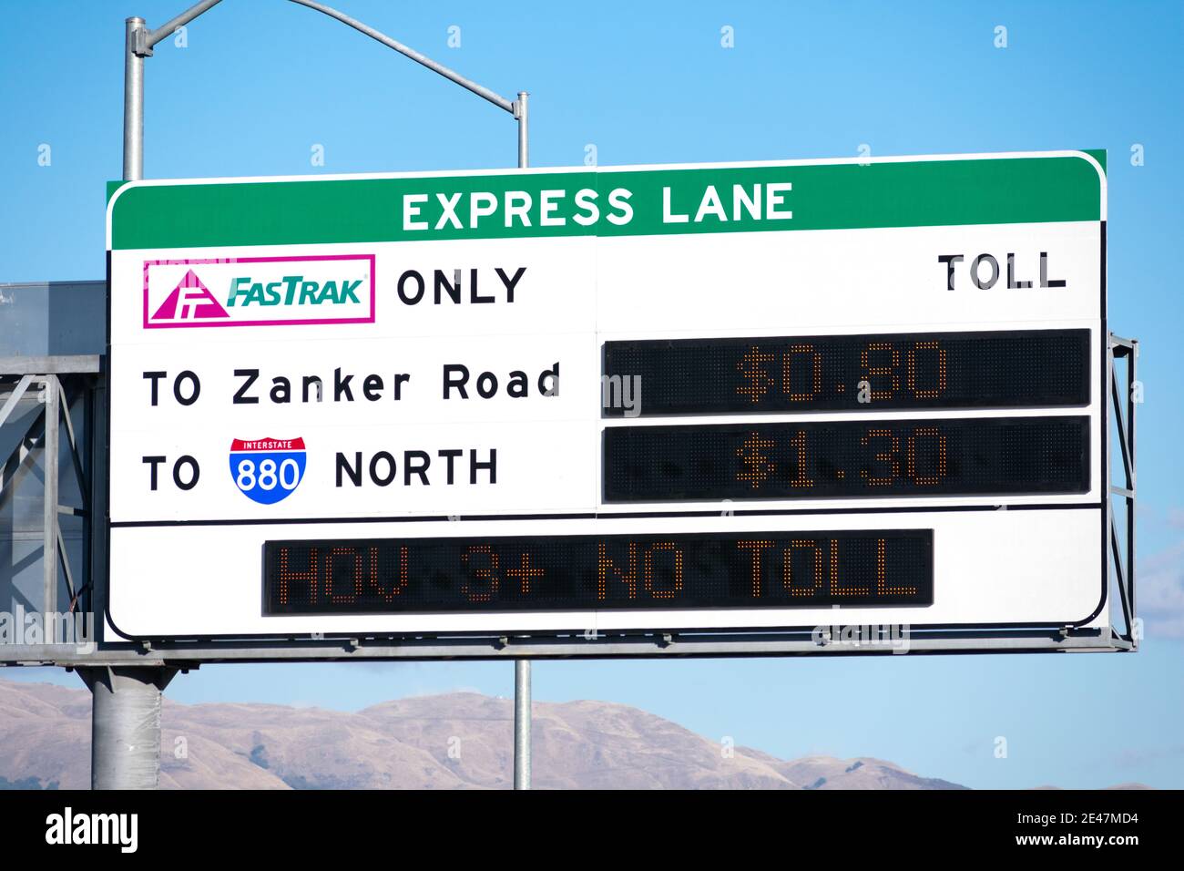 FasTrak express lane sign. FasTrak is an electronic toll collection ETC system on toll roads, bridges, and high-occupancy toll lanes in California - S Stock Photo