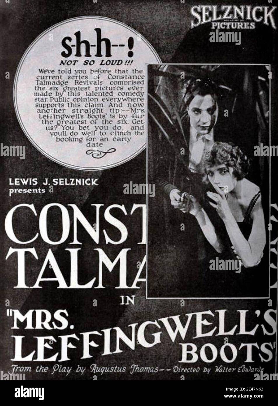 Still from the reissue of the American comedy romance film Mrs. Leffingwell's Boots (1918) with Constance Talmadge and Harrison Ford, on page 4 of the March 18, 1922 Exhibitors Herald. Stock Photo