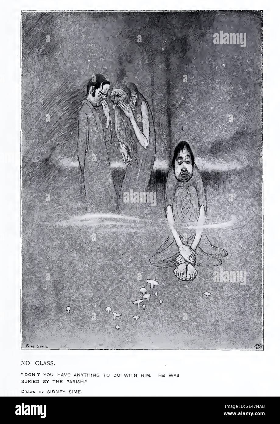 Vintage Sidney Sime image entitled No Class. Two people in the afterlife express snobbish feelings toward a third person (buried by the parish) Stock Photo