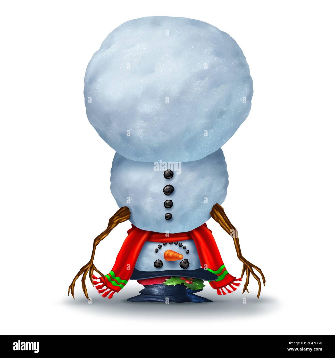 Upside down snowman character on a white background as a funny winter day activity celebration and festive seasonal symbol for snowing and upsidedown. Stock Photo