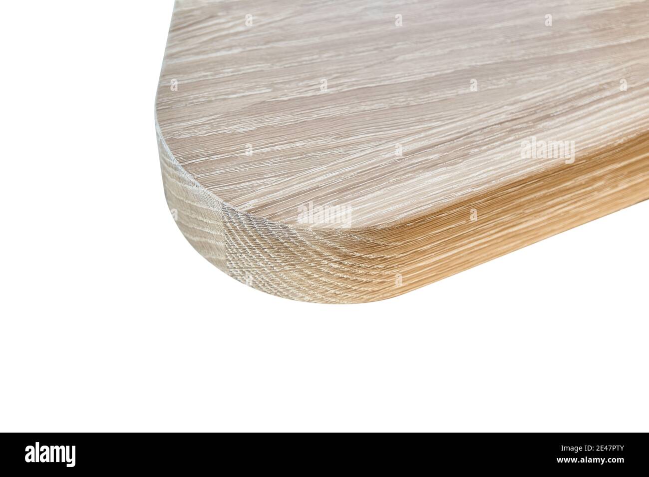 Elegant writing desk made with bleached solid oak timber against white background, extreme closeup Stock Photo