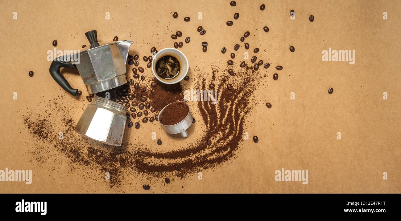 Moka Pot Coffee And coffee beans on brown paper Stock Photo Alamy