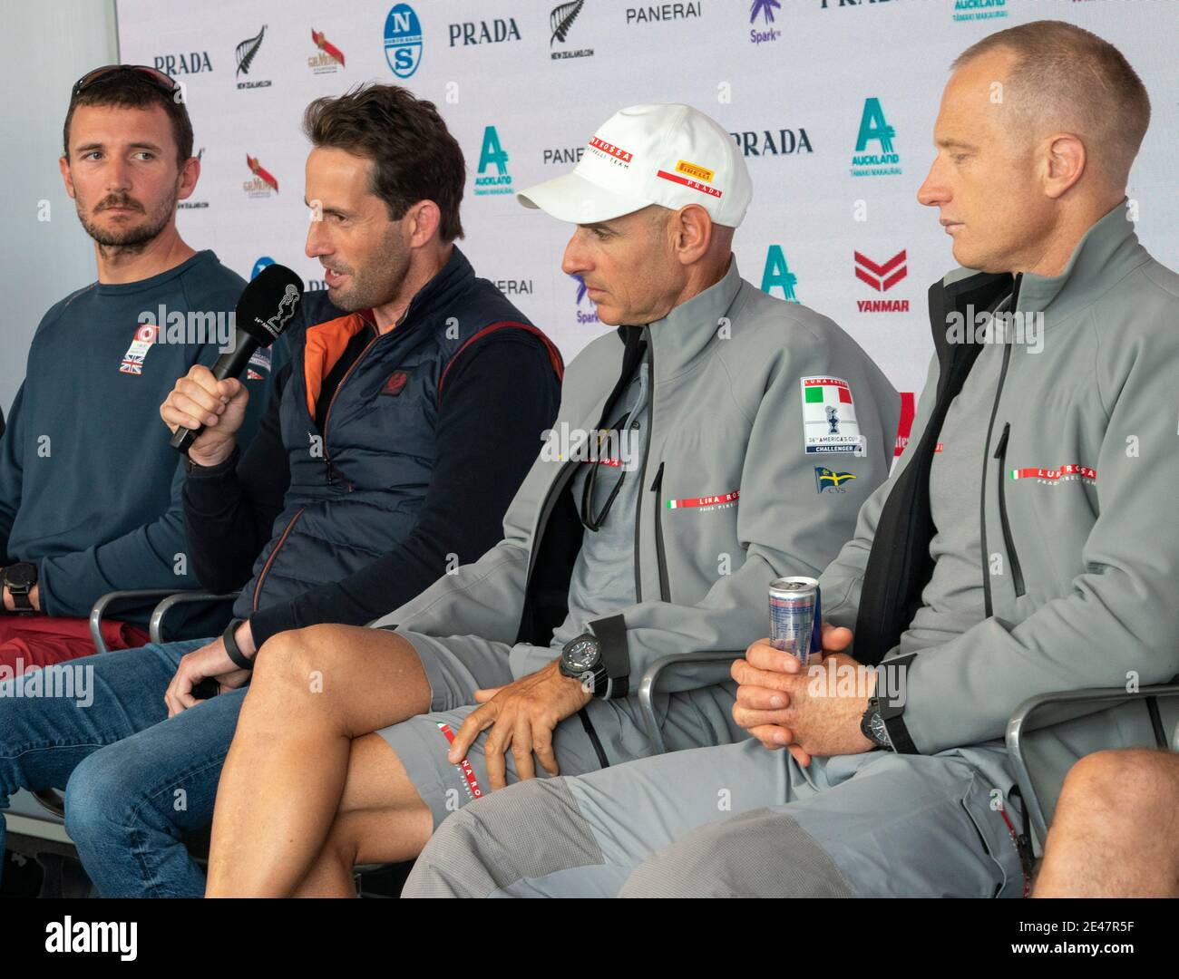 Auckland, New Zealand, 22 January, 2021 -  Prada Cup pre-race press conference for Round Robin 3 & 4 with members from Team INEOS UK and Italian team's Luna Rossa Prada Pirelli. Pictured from left:  INEOS tactician Giles Scott, skipper Sir Ben Ainslie and Prada joint helmsmen Francesco Bruni and James Spithill. The Prada Cup competition has foiling yachts from the Great Britain, Italy and the United States competing for the chance to challenge the holders Team New Zealand for America's Cup in March, 2021. Credit: Rob Taggart/Alamy Live News Stock Photo