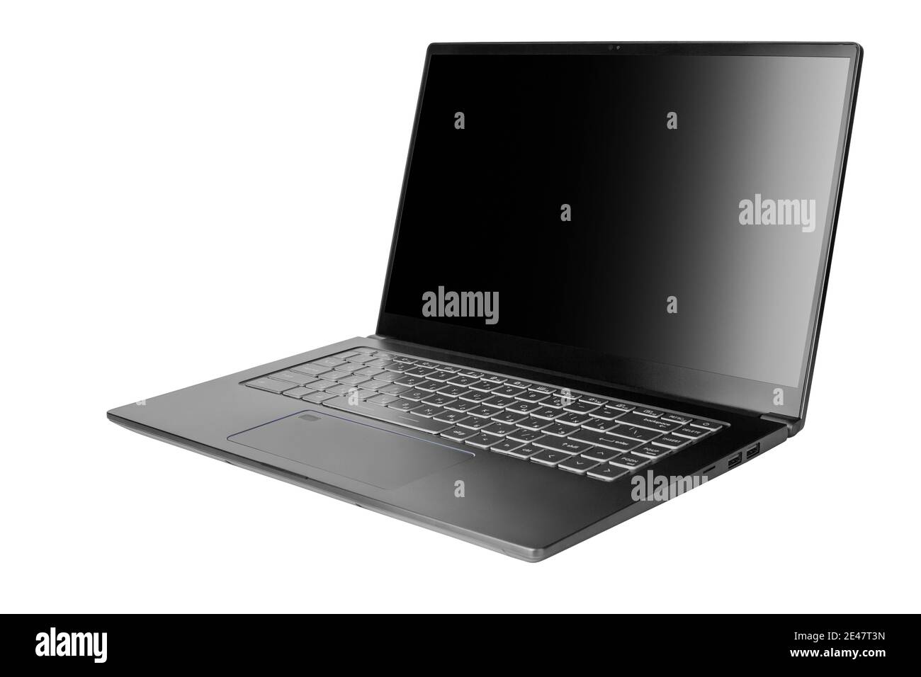 Laptop with blank black screen on white background isolated close up