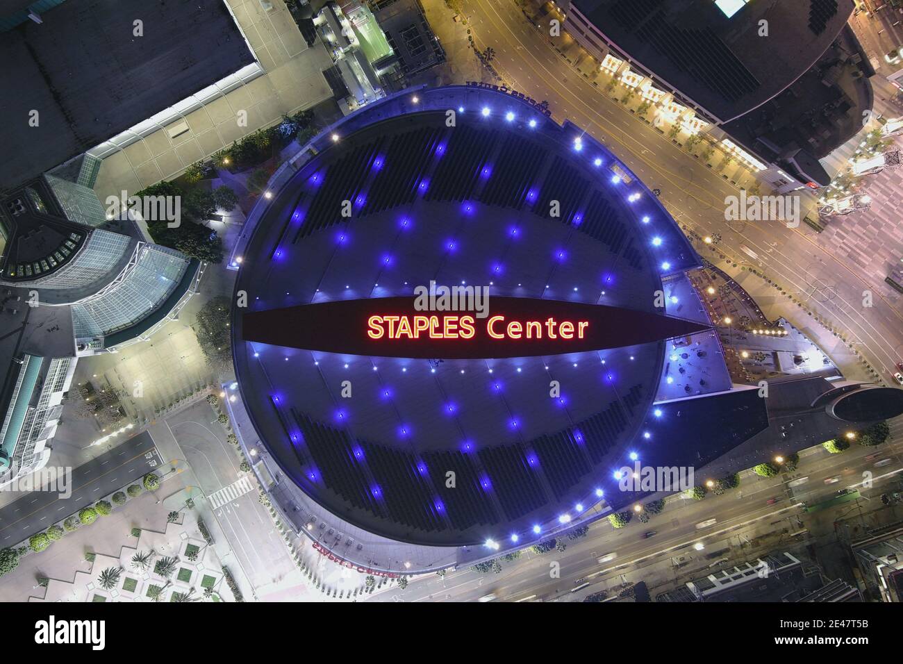 An aerial view of the Staples Center, Thursday, Jan. 21, 2021, in Los Angeles. The arena is the home of the Los Angeles Lakers and LA Clippers of the Stock Photo