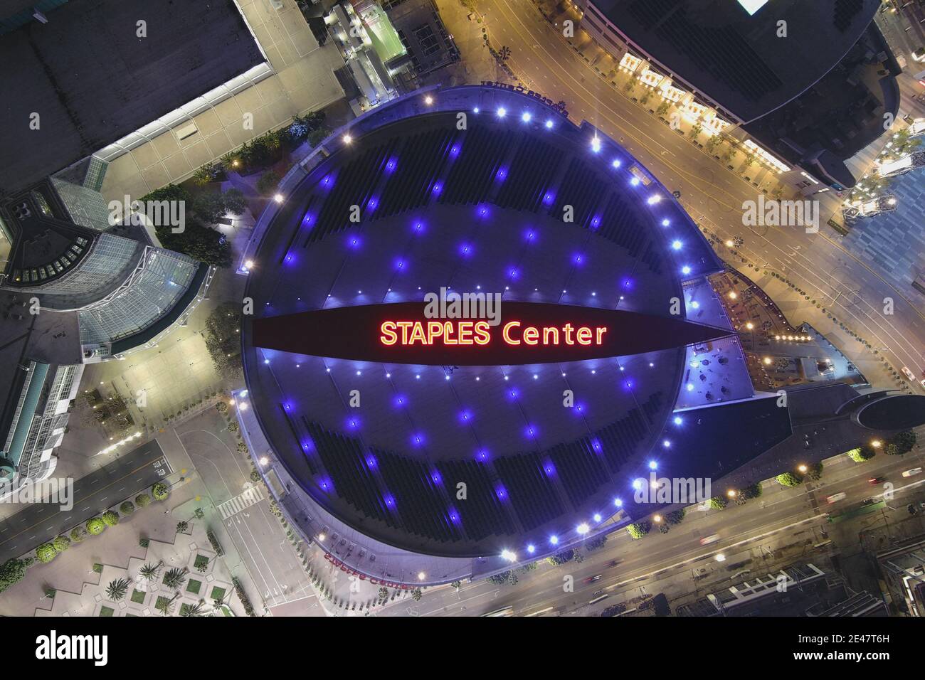 An aerial view of the Staples Center, Thursday, Jan. 21, 2021, in Los Angeles. The arena is the home of the Los Angeles Lakers and LA Clippers of the Stock Photo