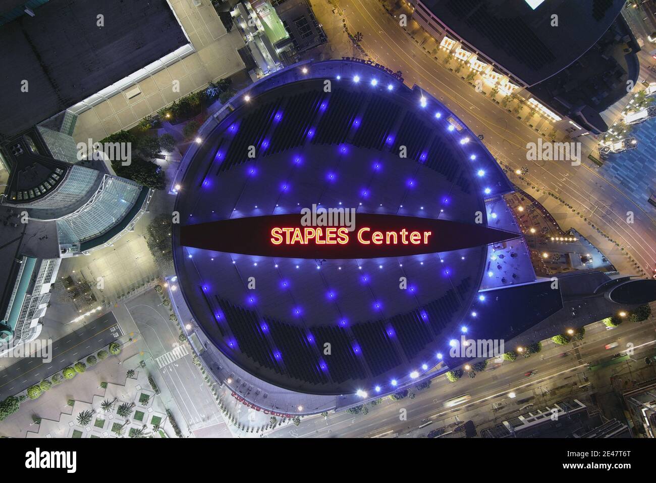 An aerial view of the Staples Center, Thursday, Jan. 21, 2021, in Los Angeles. The arena is the home of the Los Angeles Lakers and LA Clippers of the Stock Photo