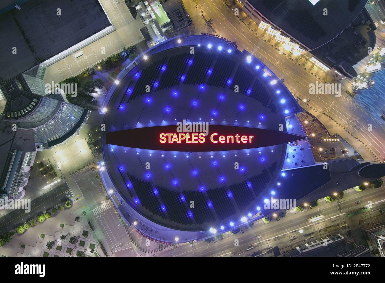 An aerial view of the Staples Center, Thursday, Jan. 21, 2021, in Los Angeles. The arena is the home of the Los Angeles Lakers and LA Clippers of the Stock Photo