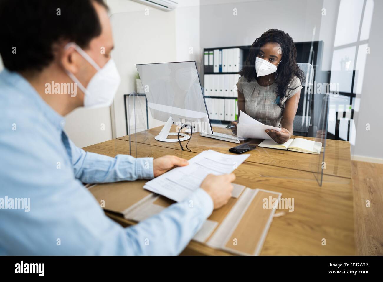 Business Job Interview Wearing Face Mask And Social Distancing Stock