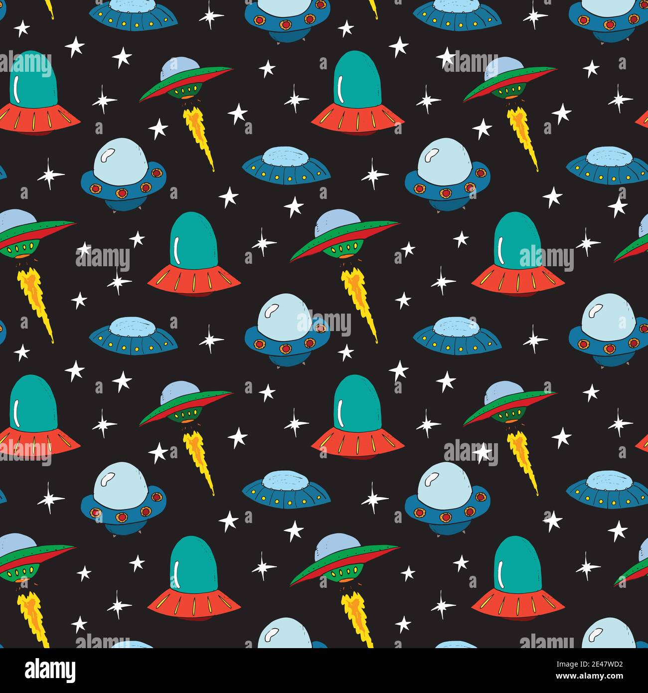 Ufo and aliens Seamless pattern. Cute Doodles space ships sketch. Hand ...