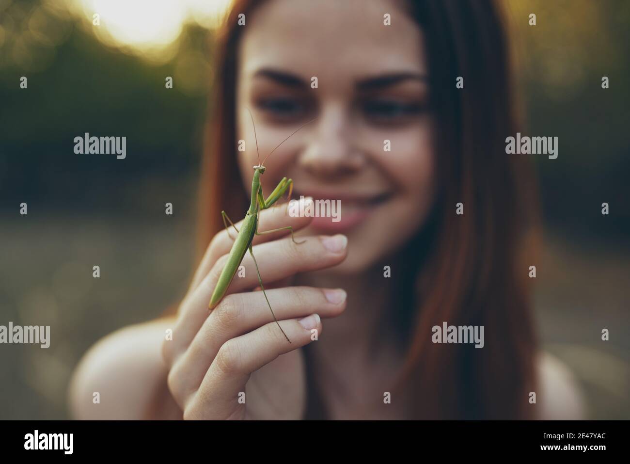 romantic woman with praying mantis on her hand outdoors in the meadow Stock Photo