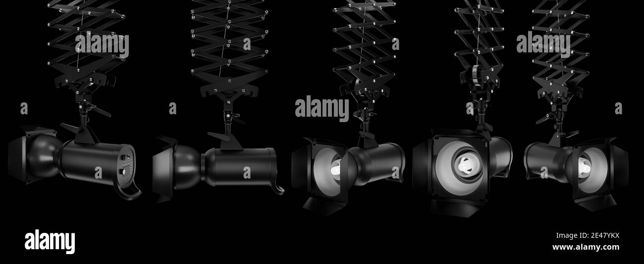 Photography studio flash on ceiling pantograph isolated on black with