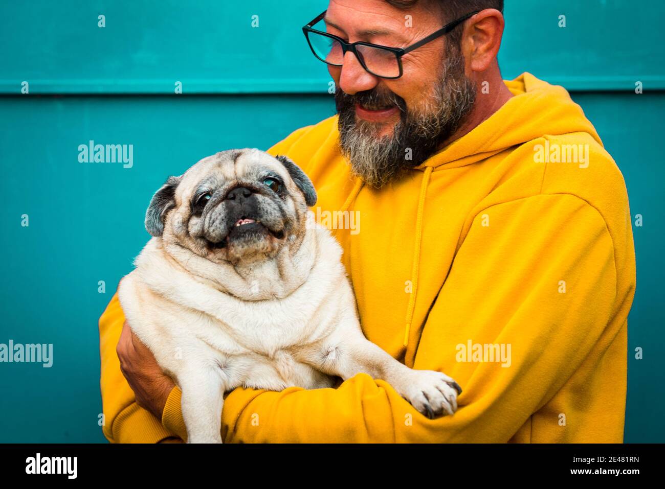 Love Dog Concept With Cheerful Adult Man Hug And Hold His Own Old Pug Happy People With Animal Colorful Yellow And Green Bearded Man With Glasse Stock Photo Alamy