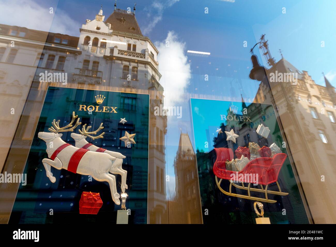 Rolex watch store Christmas window display Prague Stock Photo