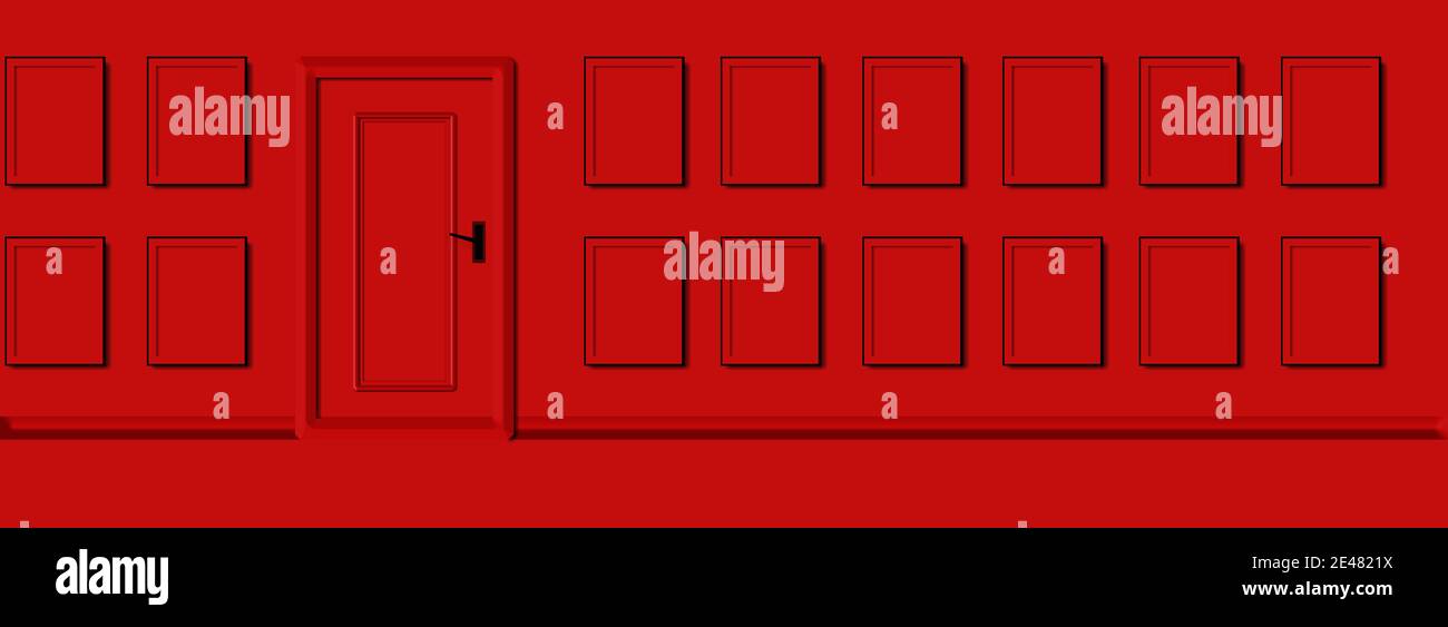 panorama red wall door and emty frames photos, 3d design, horizontal abstract for portofolio or gallery Stock Photo