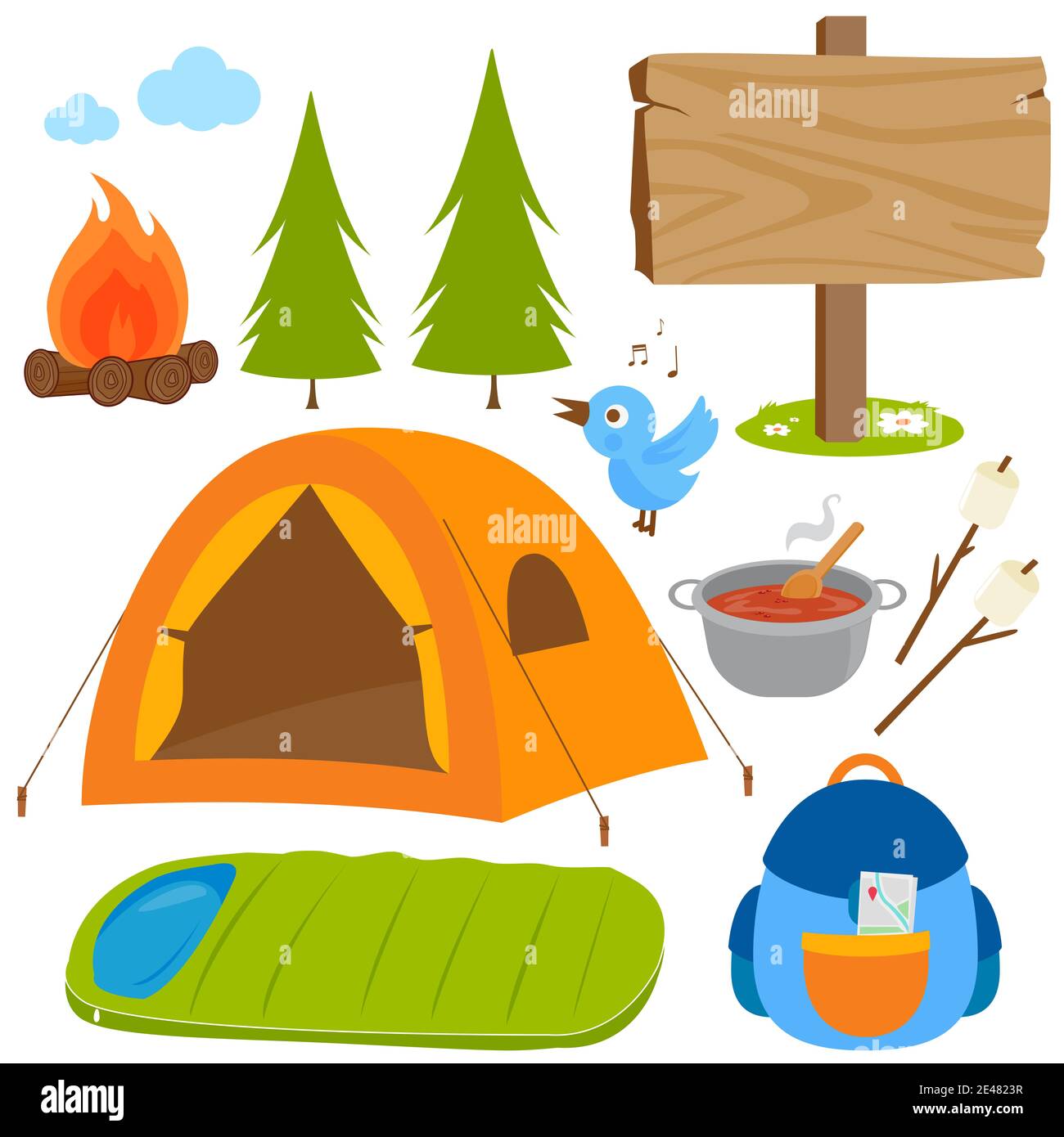 Camping objects and equipment collection. Illustration set Stock Photo