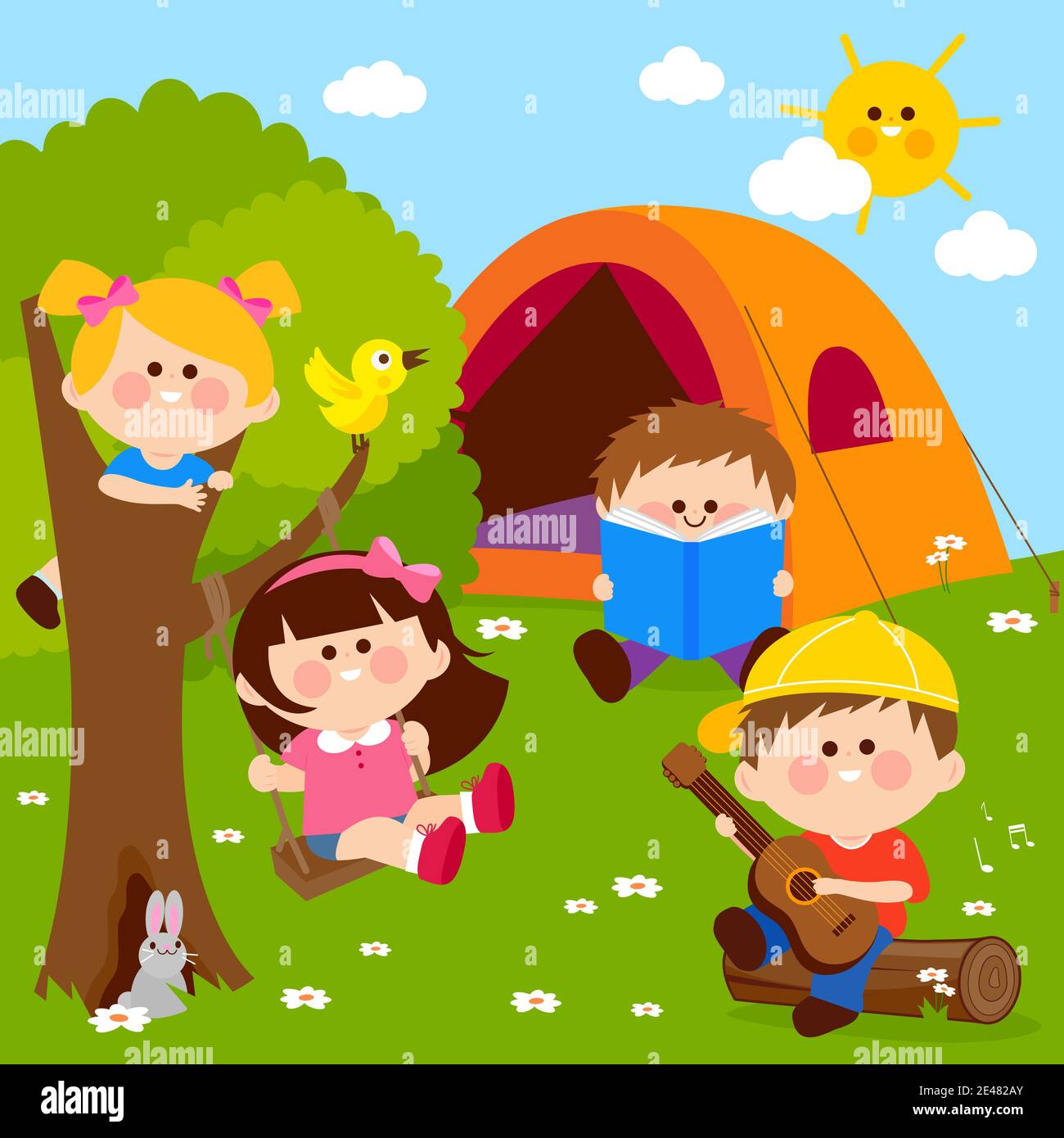 Happy children playing in a forest camping site. Stock Photo