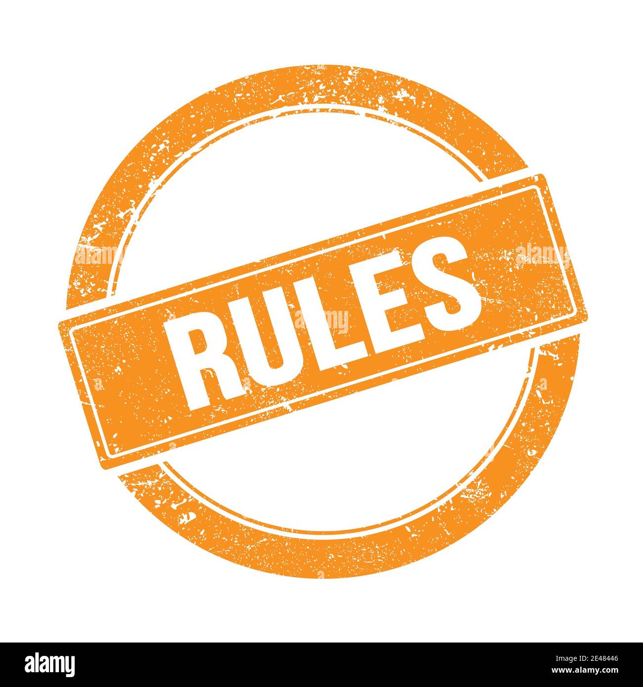 RULES text on orange grungy round vintage stamp Stock Photo - Alamy