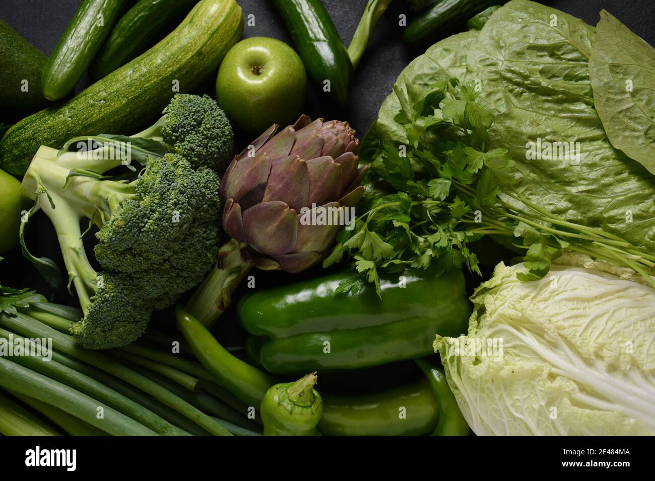 Assortment of fresh fruits and vegetables. Healthy food background ...