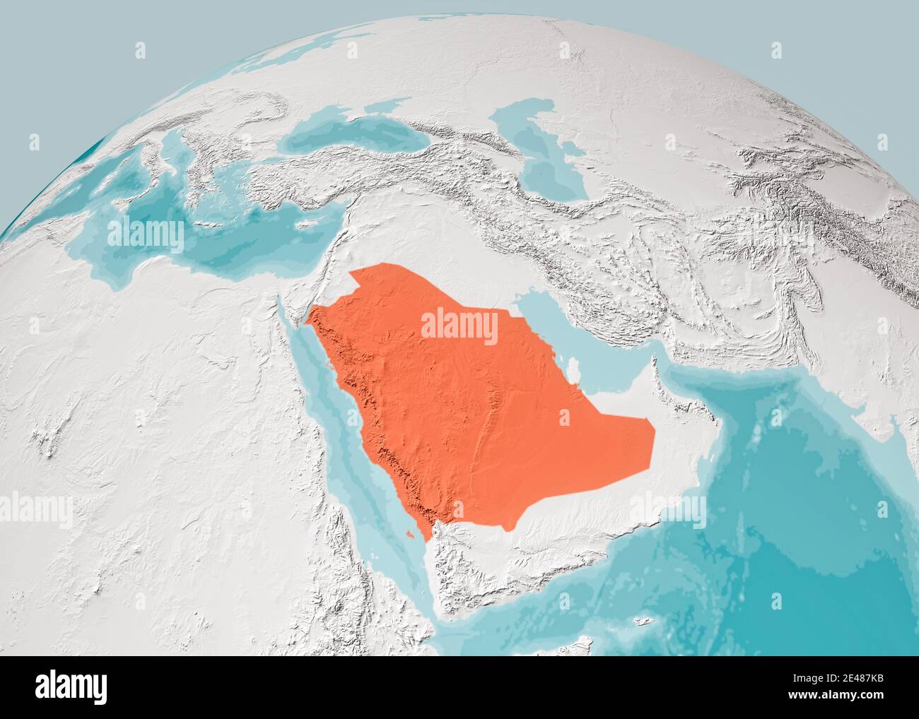 Globe map of the Arabian Peninsula, Middle East physical map, 3d render, map with relief and mountains. Arabian Sea, Persian Gulf. Saudi Arabia Stock Photo