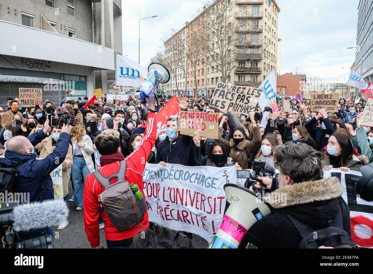 Lyon (France), 21 January 2021. Students demonstrated in the streets of Lyon. They denounced the distress, the isolation and the precariousness of the Stock Photo