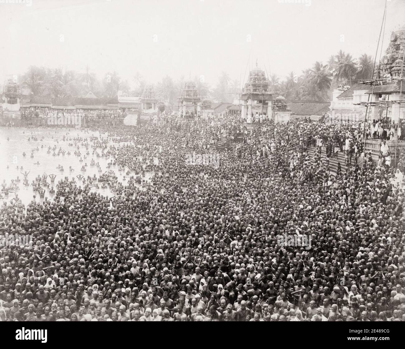 Vintage 19th century photograph: large crowd in ceremonial bathing, India. Stock Photo