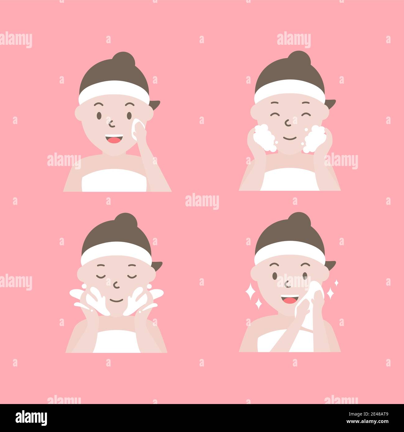 Steps how to cleaning face. Woman with step of clean and care her face