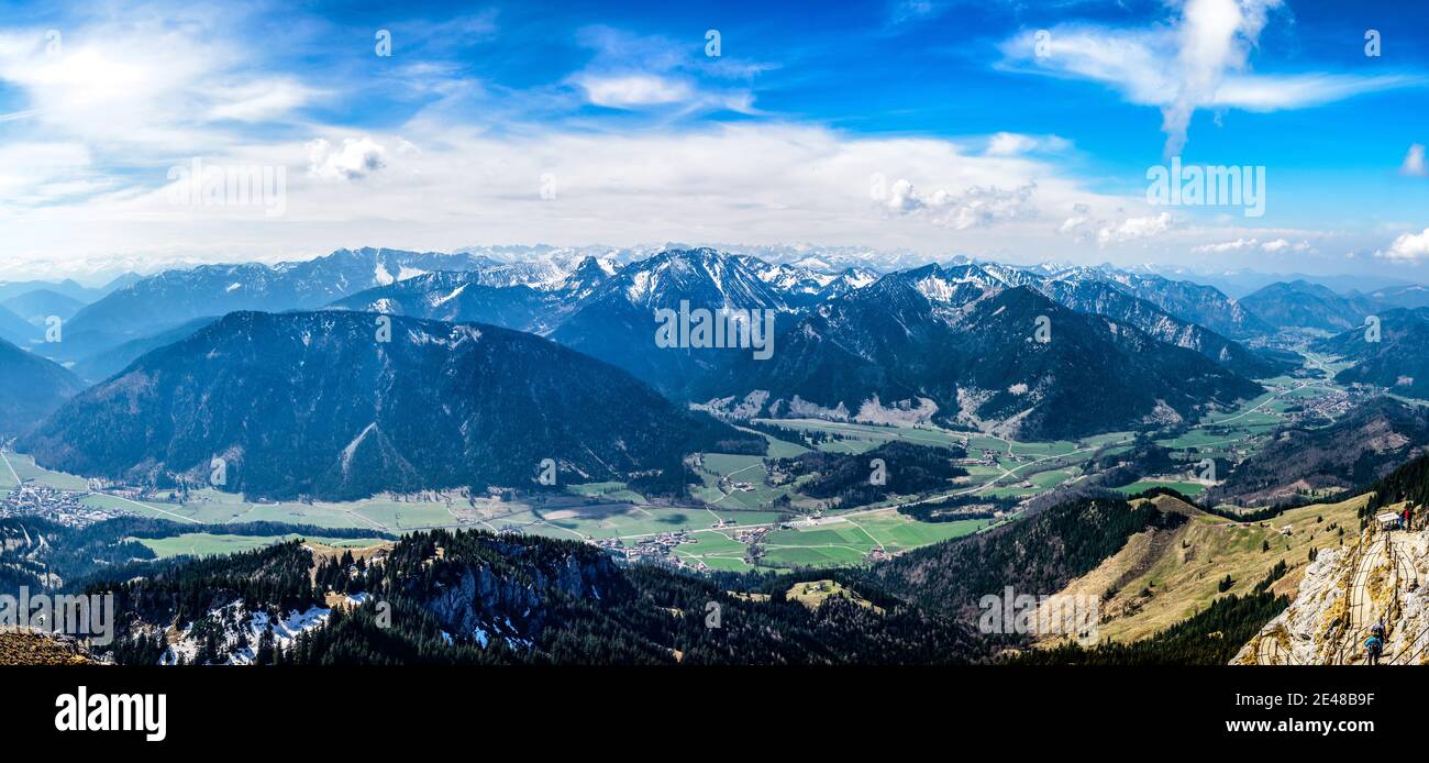 Panorama view from Wendelstein mountain by Bayrischzell on bavarian alps. Bayern (Bavaria), Germany. Stock Photo