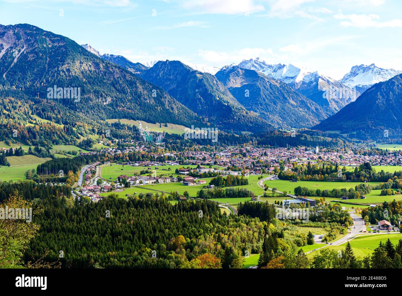 Panorama view on Obersdorf in Allgau, Bavaria, Bayern,  Germany. Alps Mountains in Tyrol, Austria Stock Photo