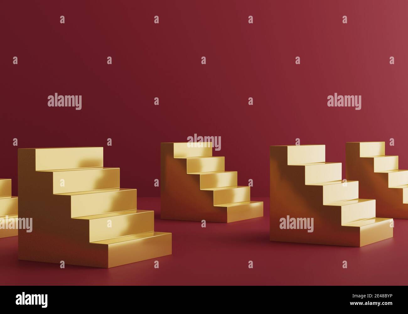 Golden stairs on red studio background. 3d render. Treasury bank investment. Career path. Stage for products and jewerly.  Stock Photo
