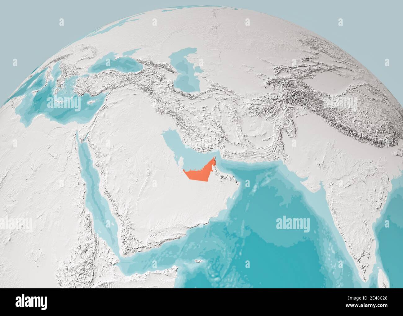 Globe map of the Arabian Peninsula, Middle East physical map, 3d render, map with relief and mountains. United Arab Emirates Stock Photo